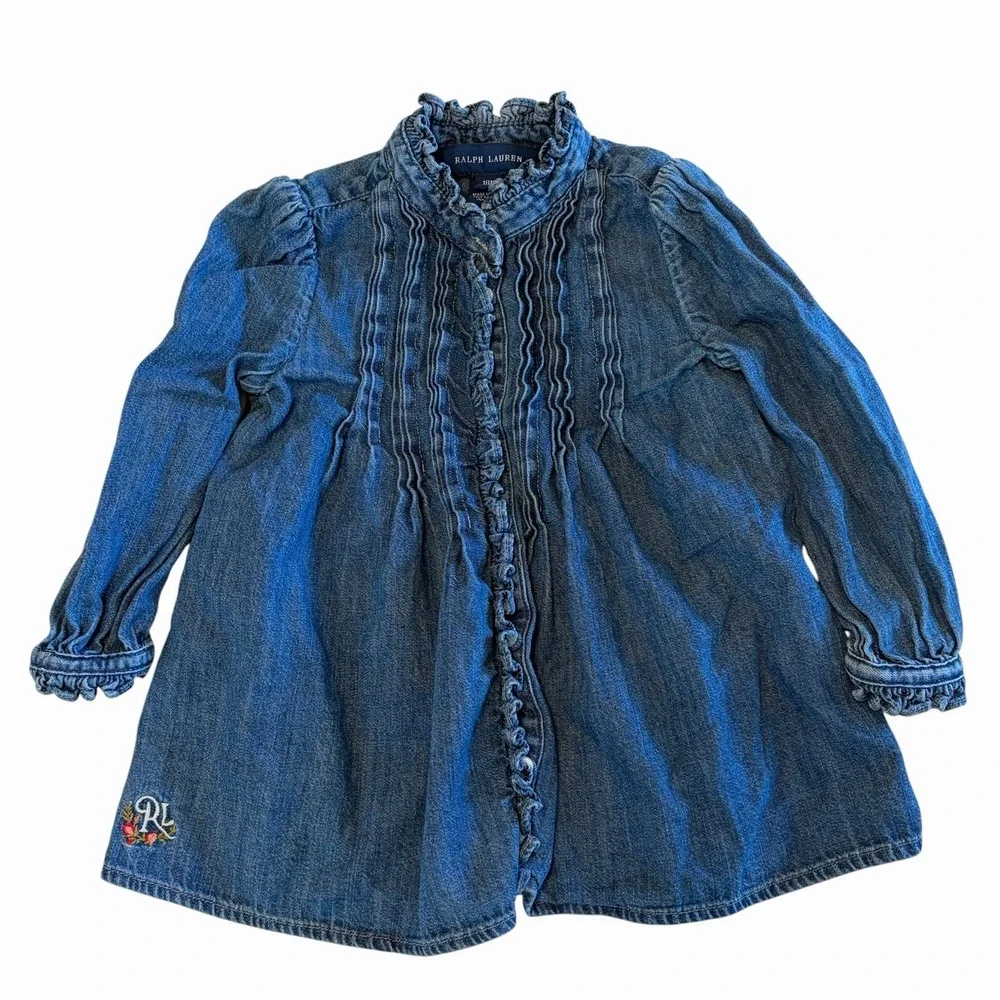 Ralph Lauren Chambray Dress Baby Girls Size 18 Months Heritage Preppy Denim Logo